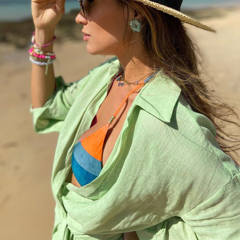 Women’s Wrap Dress – Cotton Linen Blend – Slim Fit – Mini Length – Collared V-Neck