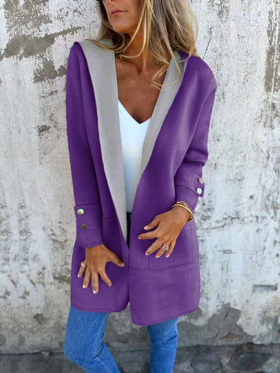 Women’s Hooded Cardigan – Knit Fabric – Relaxed Fit – Contrast Trim – Patch Pockets