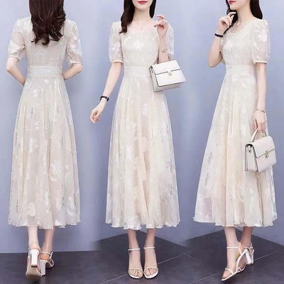 Women's Elegant Midi Dress - Puff Sleeves - Floral Lace Pattern