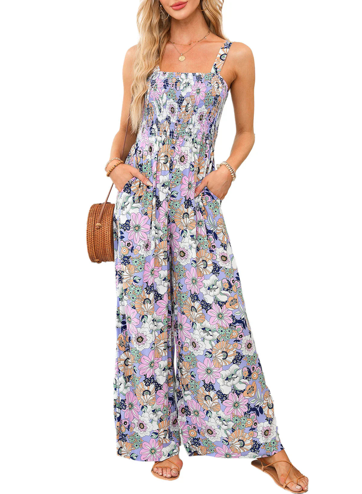 Lana | Vibrant Floral Smocked Wide-Leg Jumpsuit