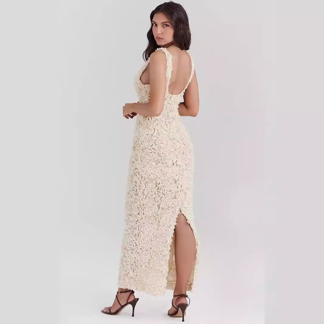 Women’s Evening Dress – Slim Fit – 3D Floral Texture – Plunging Neckline – Sleeveless – Ankle Length