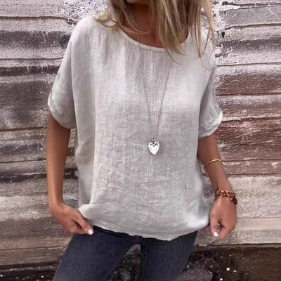 Women’s T-Shirt – Linen Blend – Loose Fit – Short Sleeve – Round Neck Casual Top