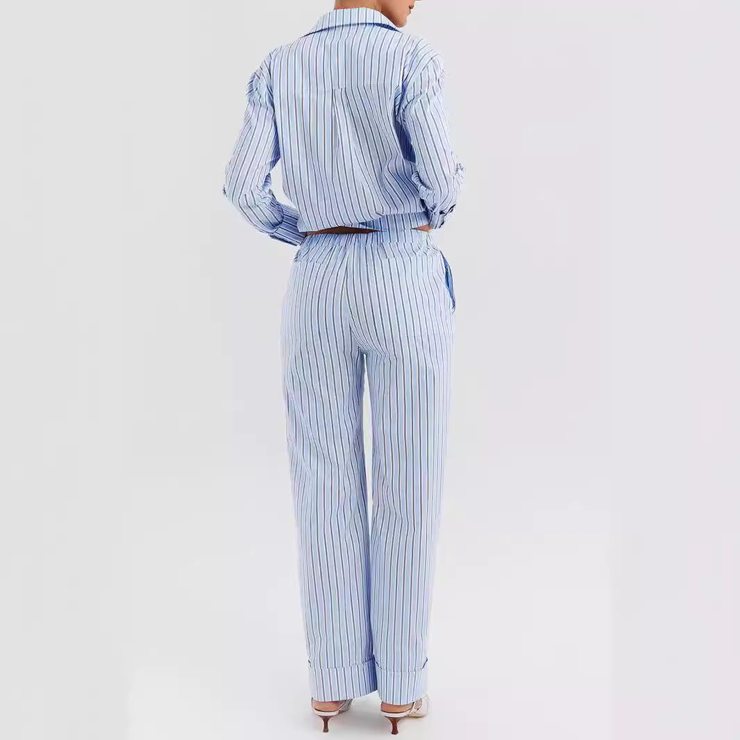 Women’s Shirt and Pants Set – Cotton Blend – Relaxed Fit – Striped Button-Down Style