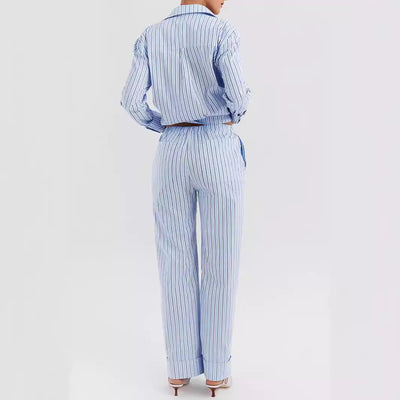 Women’s Shirt and Pants Set – Cotton Blend – Relaxed Fit – Striped Button-Down Style
