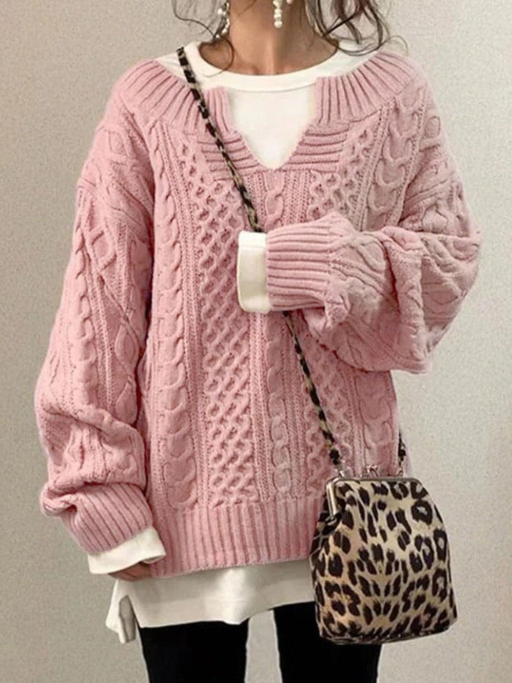 Women’s Knitted Sweatshirt – Wool Blend – Oversized Fit – Cable Knit – Deep V-Neck – Long Sleeve