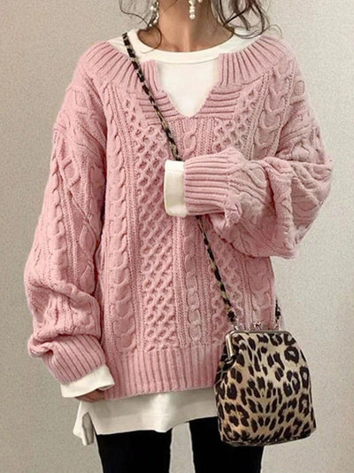 Women’s Knitted Sweatshirt – Wool Blend – Oversized Fit – Cable Knit – Deep V-Neck – Long Sleeve