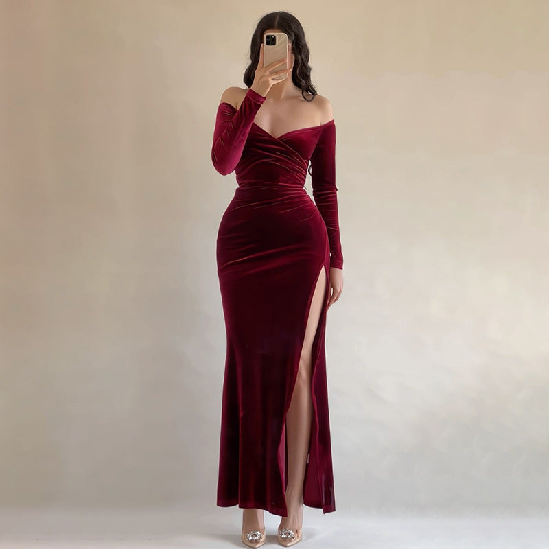 Women’s Long Dress – Velvet – Off Shoulder – Crossover Bust – High Slit – Long Sleeve
