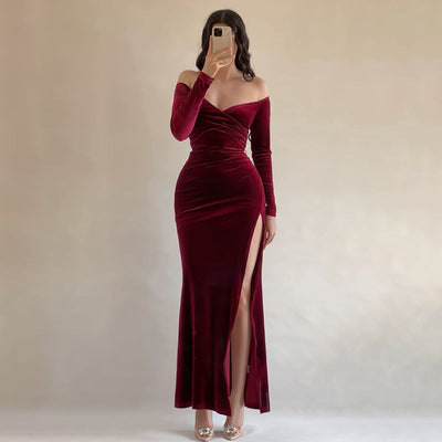 Women’s Long Dress – Velvet – Off Shoulder – Crossover Bust – High Slit – Long Sleeve