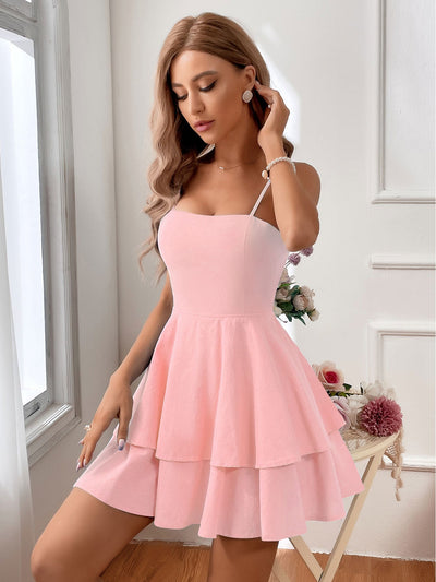 Women’s Sleeveless Mini Dress – Fitted Bodice – Tiered Flared Skirt – Backless – Spaghetti Straps
