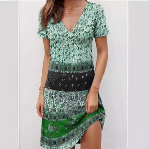 Women’s Mini Dress – Relaxed Fit – Deep V-Neck – Short Sleeve Boho Patchwork Cotton