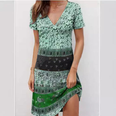 Women’s Mini Dress – Relaxed Fit – Deep V-Neck – Short Sleeve Boho Patchwork Cotton