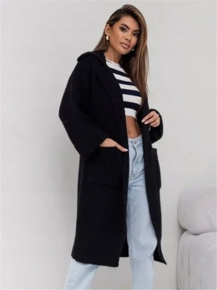 Women’s Long Knit Coat – Wool Blend – Oversized Fit – Hooded Open Front with Pockets