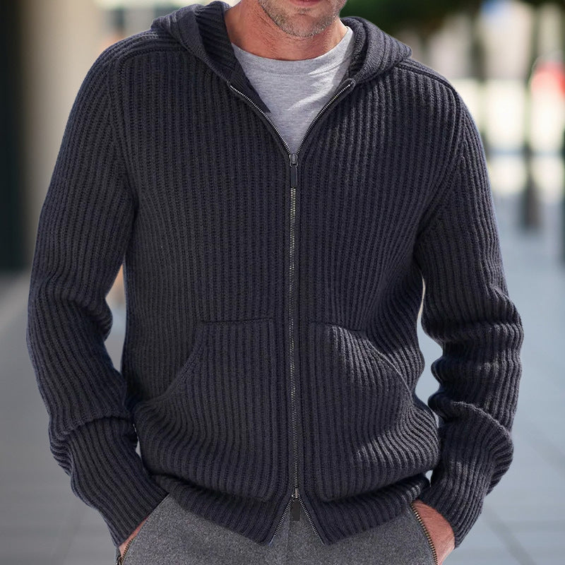 Men’s Knit Cardigan – Hooded – Relaxed Fit – Zipper Front – Ribbed Texture – Casual