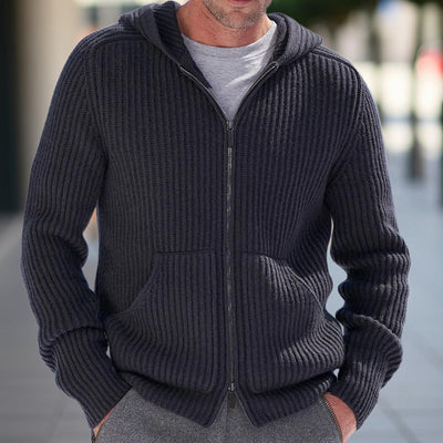 Men’s Knit Cardigan – Hooded – Relaxed Fit – Zipper Front – Ribbed Texture – Casual