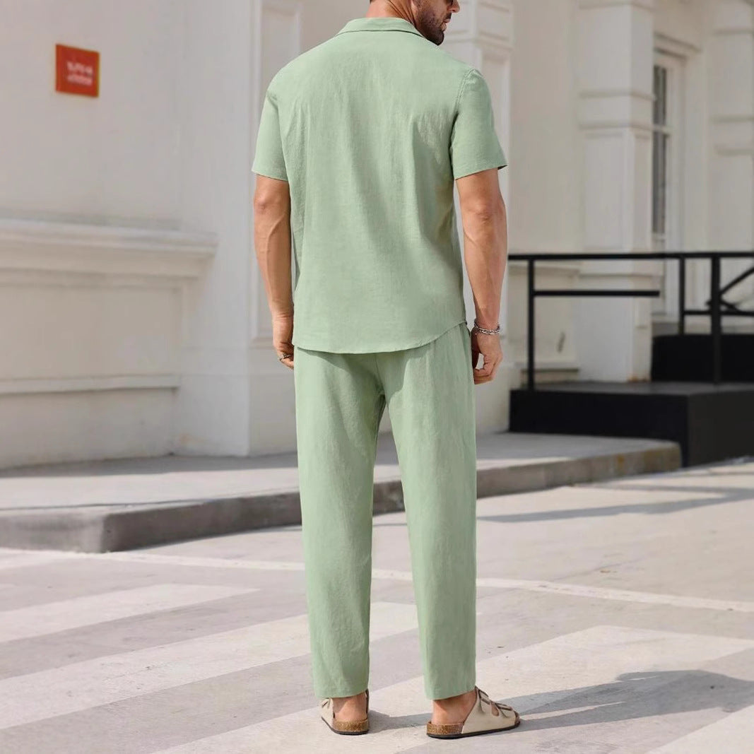Men’s Casual Suit Set – Cotton Linen Blend – Relaxed Fit – Short Sleeve Shirt & Pants