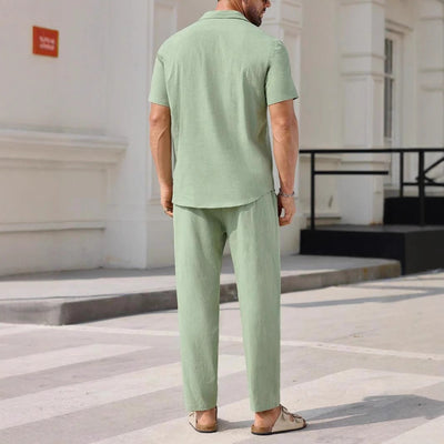 Men’s Casual Suit Set – Cotton Linen Blend – Relaxed Fit – Short Sleeve Shirt & Pants