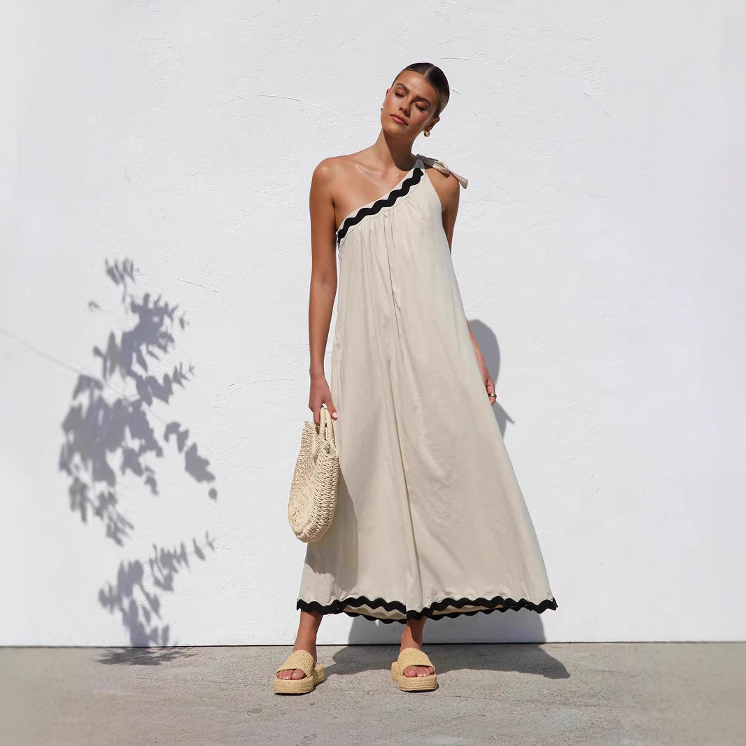 Women’s Long Dress – One Shoulder – Tie Strap – Relaxed Fit – Scalloped Hem – Lightweight Fabric