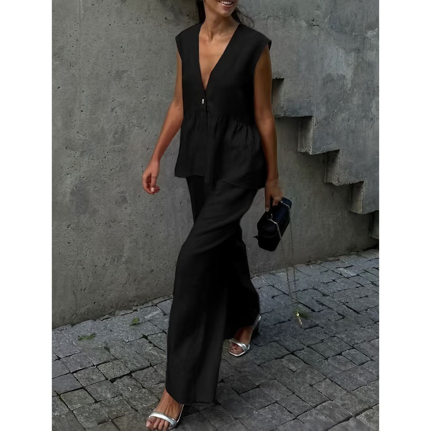 Women’s Two-Piece Set – Sleeveless V-Neck Peplum Top – Loose Fit Full-Length Pants