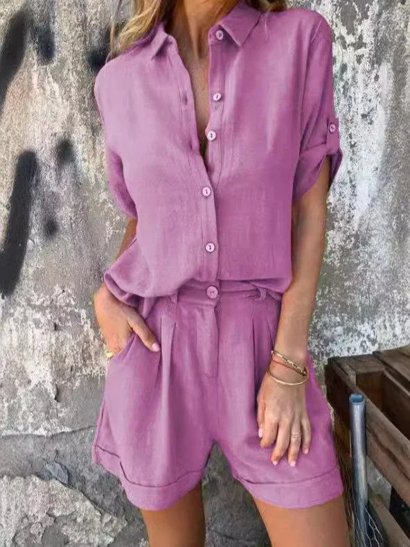 Women’s Jumpsuit – Relaxed Fit – Button-Up Top – Drawstring Waist – Lightweight Fabric