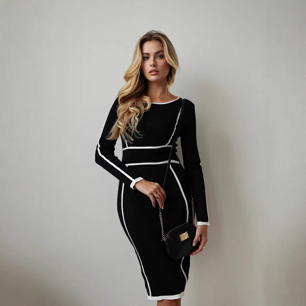 Women’s Knit Dress – Slim Fit – Long Sleeve – Panel Seams – Knee Length Office Wear