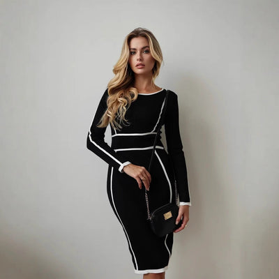 Women’s Knit Dress – Slim Fit – Long Sleeve – Panel Seams – Knee Length Office Wear