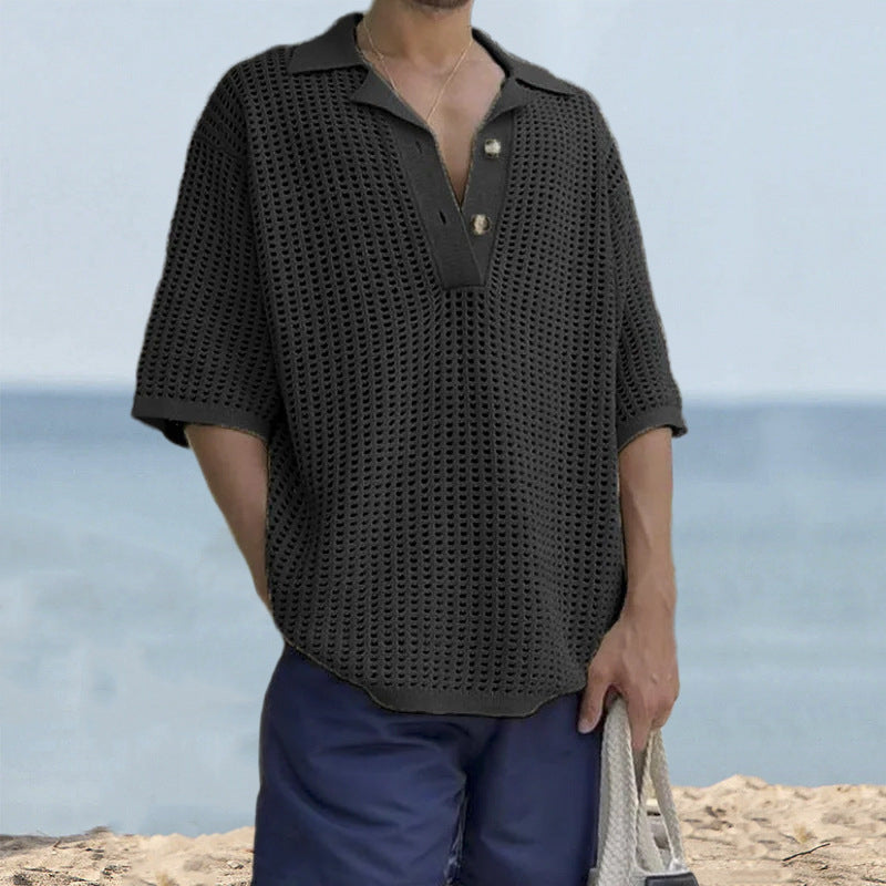 Men’s Knit Sweater – Open Knit – Oversized Fit – Notched Lapel – Short Sleeve Casual