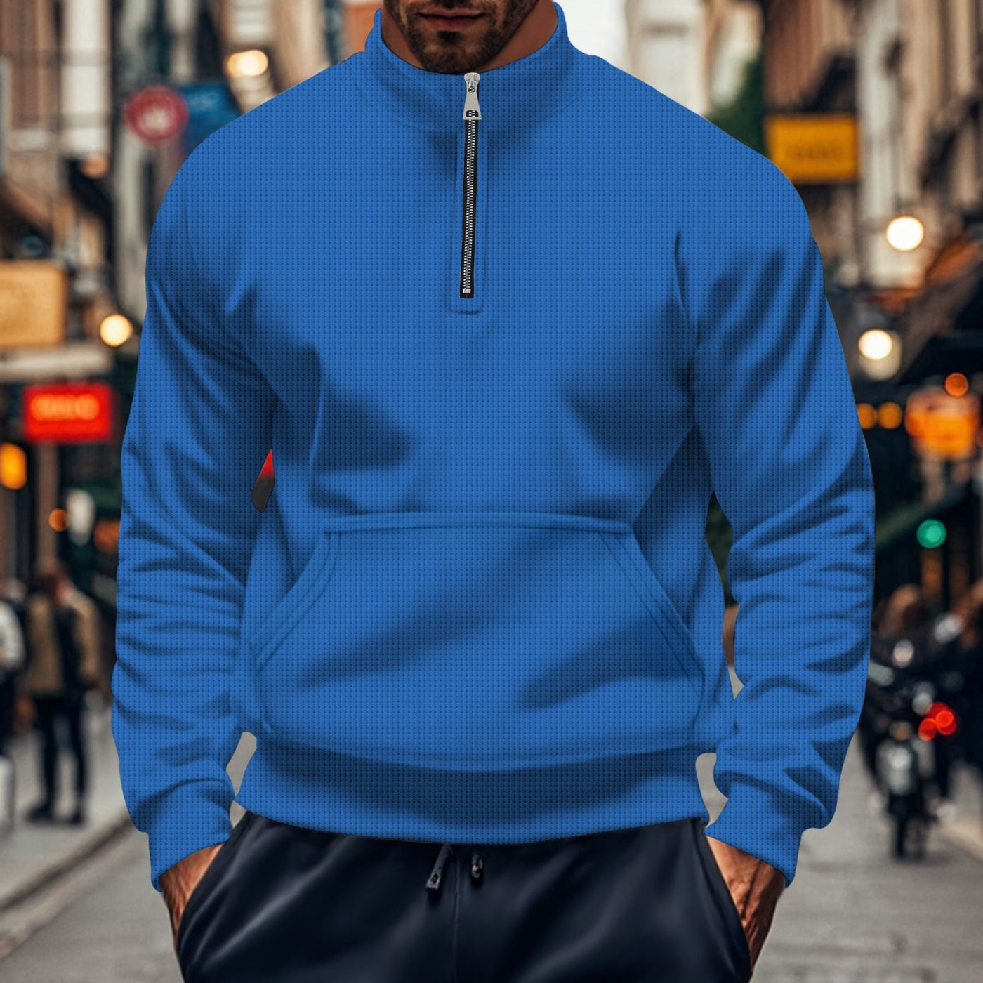 Men’s Sweatshirt – Relaxed Fit – Half Zip – Kangaroo Pocket – Cotton Knit Ribbed Trim