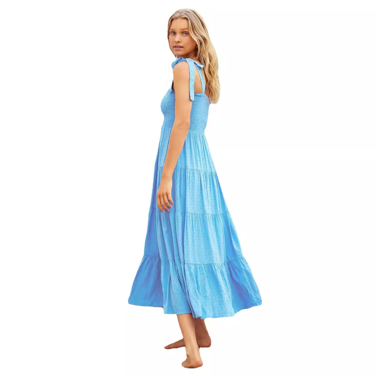 Women’s Midi Dress – Smocked Bodice – Adjustable Tie Straps – Tiered Flared Skirt