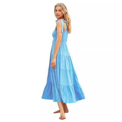 Women’s Midi Dress – Smocked Bodice – Adjustable Tie Straps – Tiered Flared Skirt