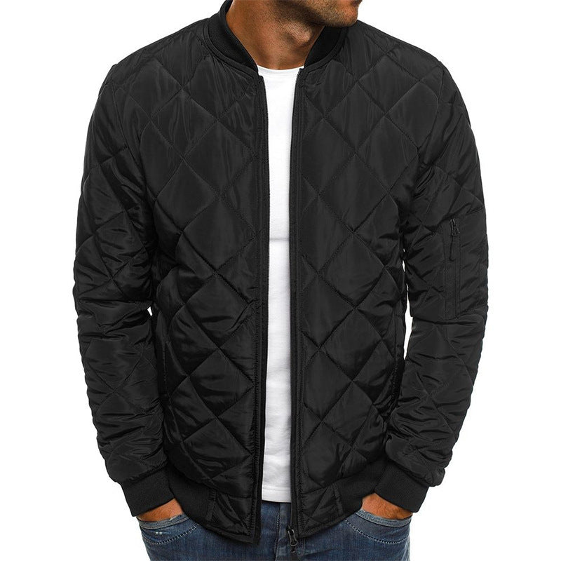 Men’s Quilted Jacket – Cotton Blend – Diamond Stitch – Stand Collar – Zip Front – Regular Fit