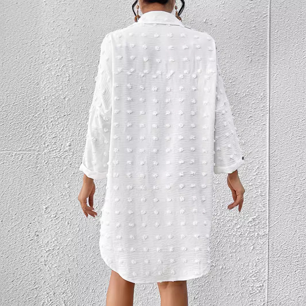 Women’s Cardigan Shirt – Chiffon Jacquard – Oversized Fit – Button Down – Pom-Pom Trim