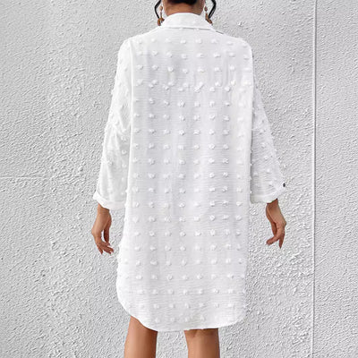 Women’s Cardigan Shirt – Chiffon Jacquard – Oversized Fit – Button Down – Pom-Pom Trim