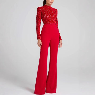 Women’s Jumpsuit – Lace Long Sleeve Top – Belted Waist – Flared Leg Full Length