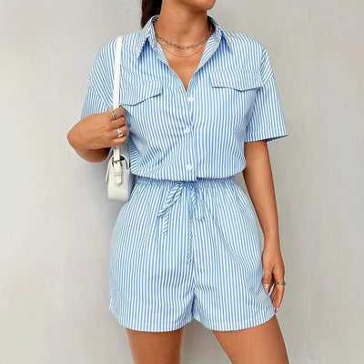 Women’s Romper – Striped Button Front – Cinched Waist – Short Sleeve Casual Fit