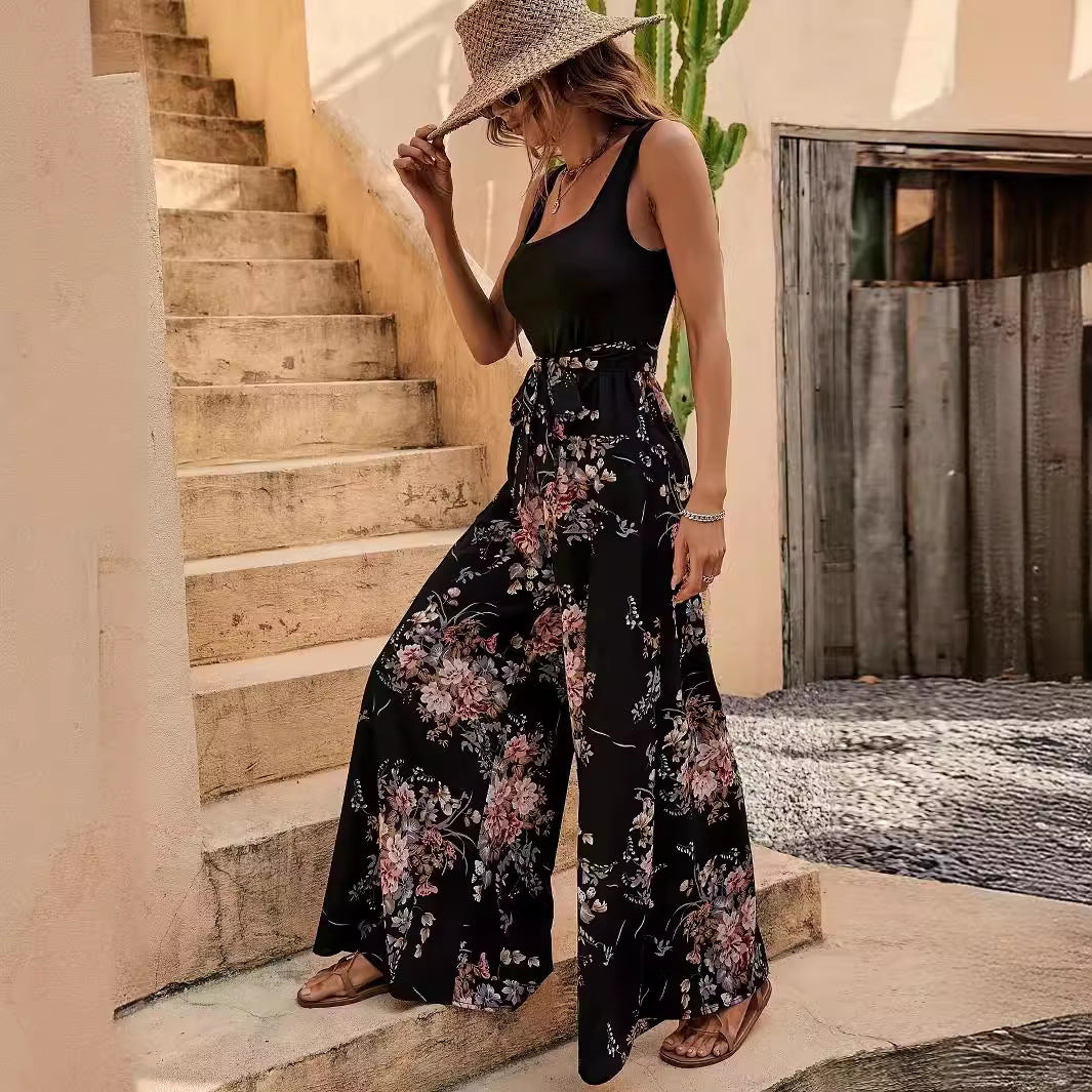 Women’s Jumpsuit – Sleeveless Floral – Relaxed Fit – Wide Leg – Full Length – Belted Waist