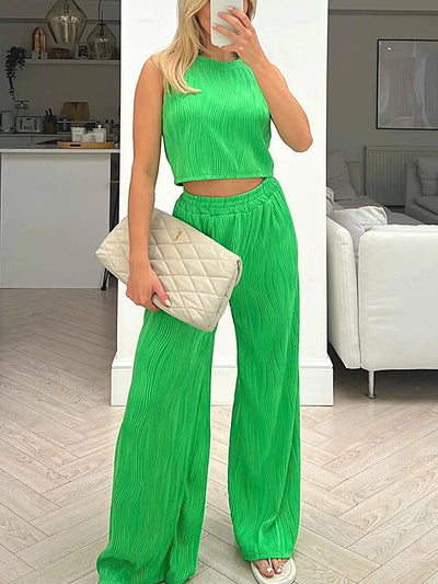 Women’s Two-Piece Set – Ribbed Sleeveless Crop Top – High-Waist Straight-Leg Pants