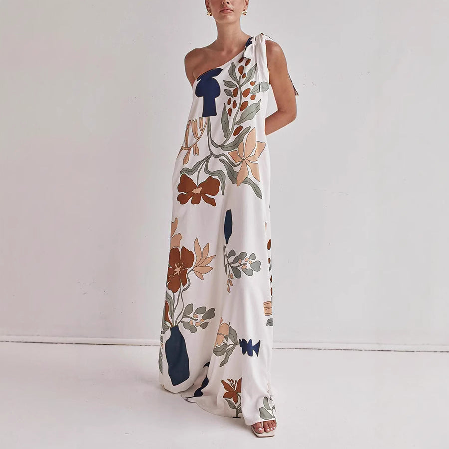 Women’s One-Shoulder Dress – Full Length – Loose Fit Cotton – Artistic Print Draped