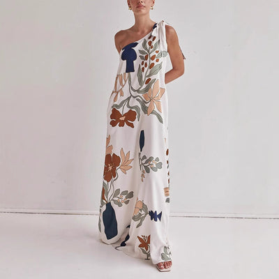 Women’s One-Shoulder Dress – Full Length – Loose Fit Cotton – Artistic Print Draped
