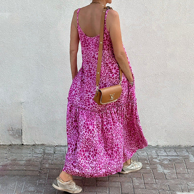 Women’s V-Neck Dress – Sleeveless Relaxed Fit – Tiered Midi Skirt – Waist Tie – Printed