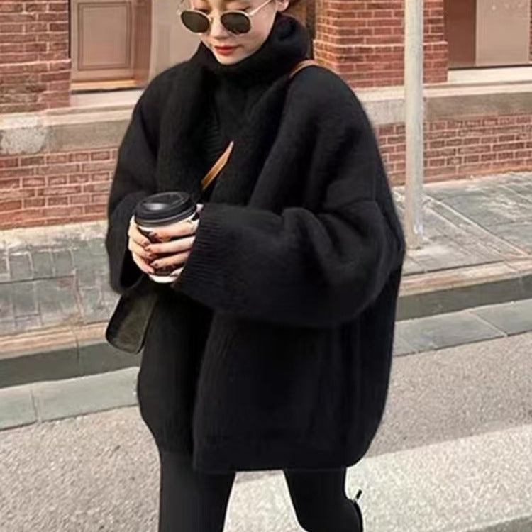 Women’s Oversized Cardigan – Mohair Blend – Deep V-Neck – Mid-Thigh Length – Pockets