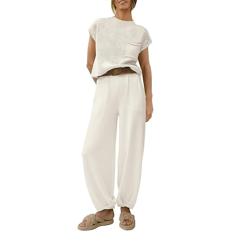 Women’s Knit Sweater Set – Cropped Short Sleeve Top – High Waist Relaxed Pants