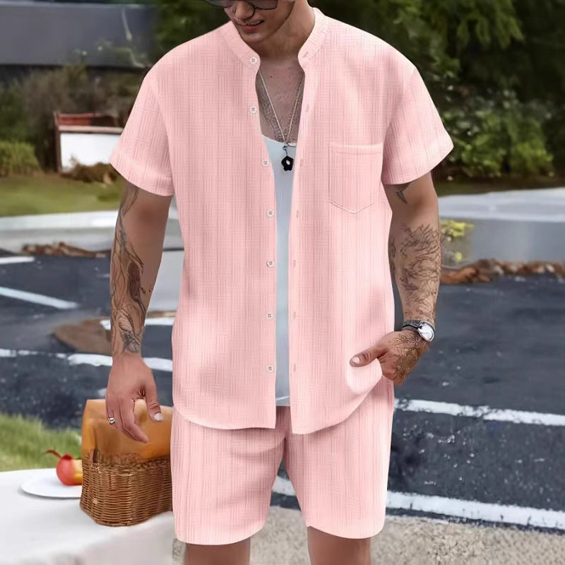 Men’s Casual Set – Henley Shirt and Shorts – Relaxed Fit – Cotton Linen Blend