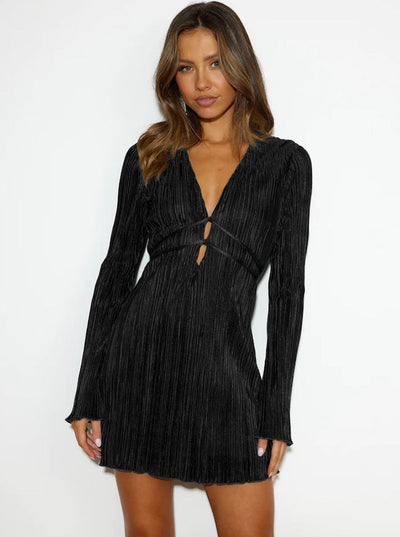Women’s Bodycon Mini Dress – Deep V-Neck – Cut-Out Waist – Pleated Long Sleeve Fit