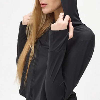 Women’s Hooded Top – Slim Fit – Cropped Length – Lightweight Stretch Long Sleeve