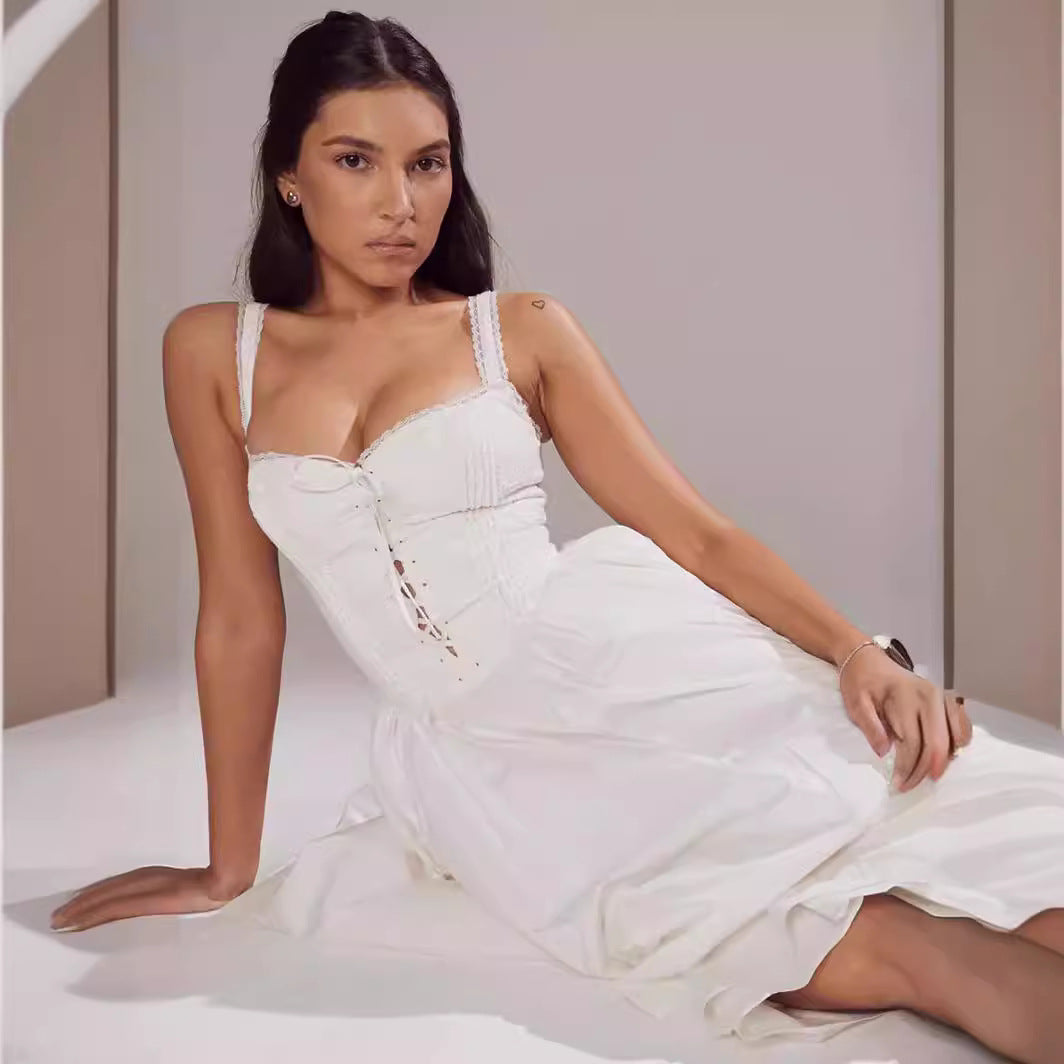 Women’s Midi Dress – Off-Shoulder – Fitted Bodice – Lace-Up Detail – Flowing Skirt