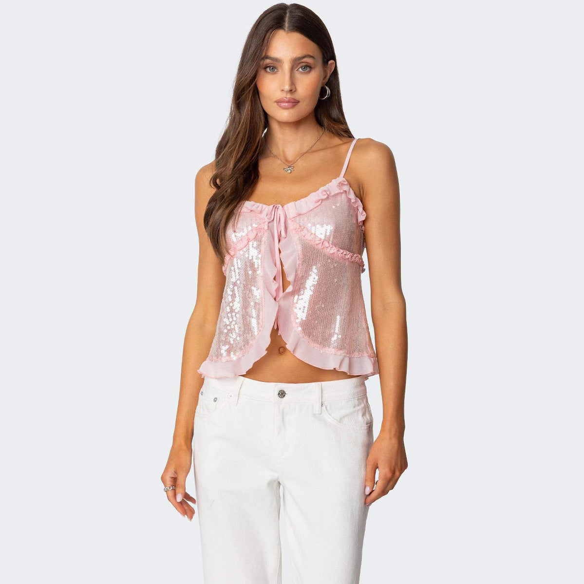 Women’s Crop Top – Sequin Mesh – Halter Neck – Fitted – Ruffle Trim Party Wear