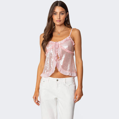 Women’s Crop Top – Sequin Mesh – Halter Neck – Fitted – Ruffle Trim Party Wear