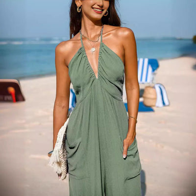 Women’s Halter Jumpsuit – Deep V-Neck – Relaxed Fit – Tapered Leg – Pockets
