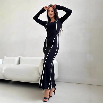 Women’s Bodycon Dress – Slim Fit – Long Sleeve – Scoop Neck – Contrast Line Detail