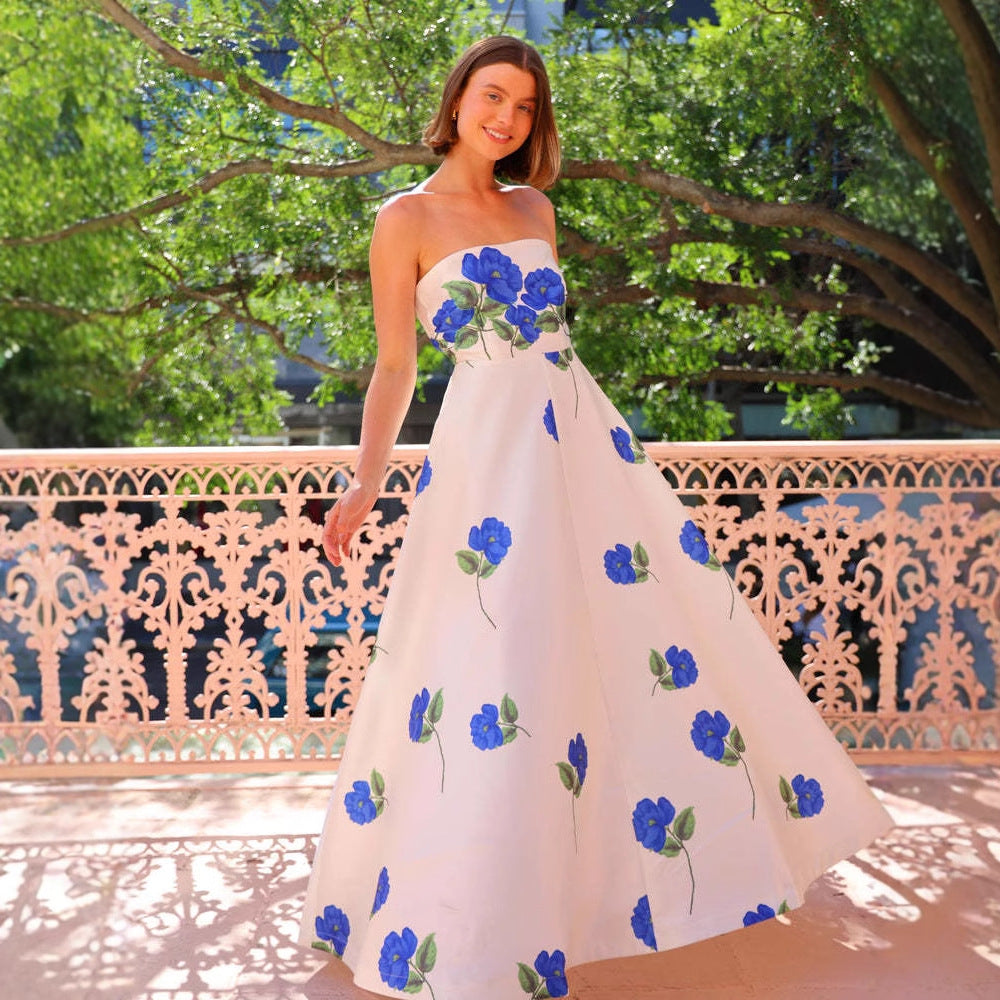 Women’s Evening Gown – Strapless Satin – Floral Print – Slim Fit Full-Length Dress